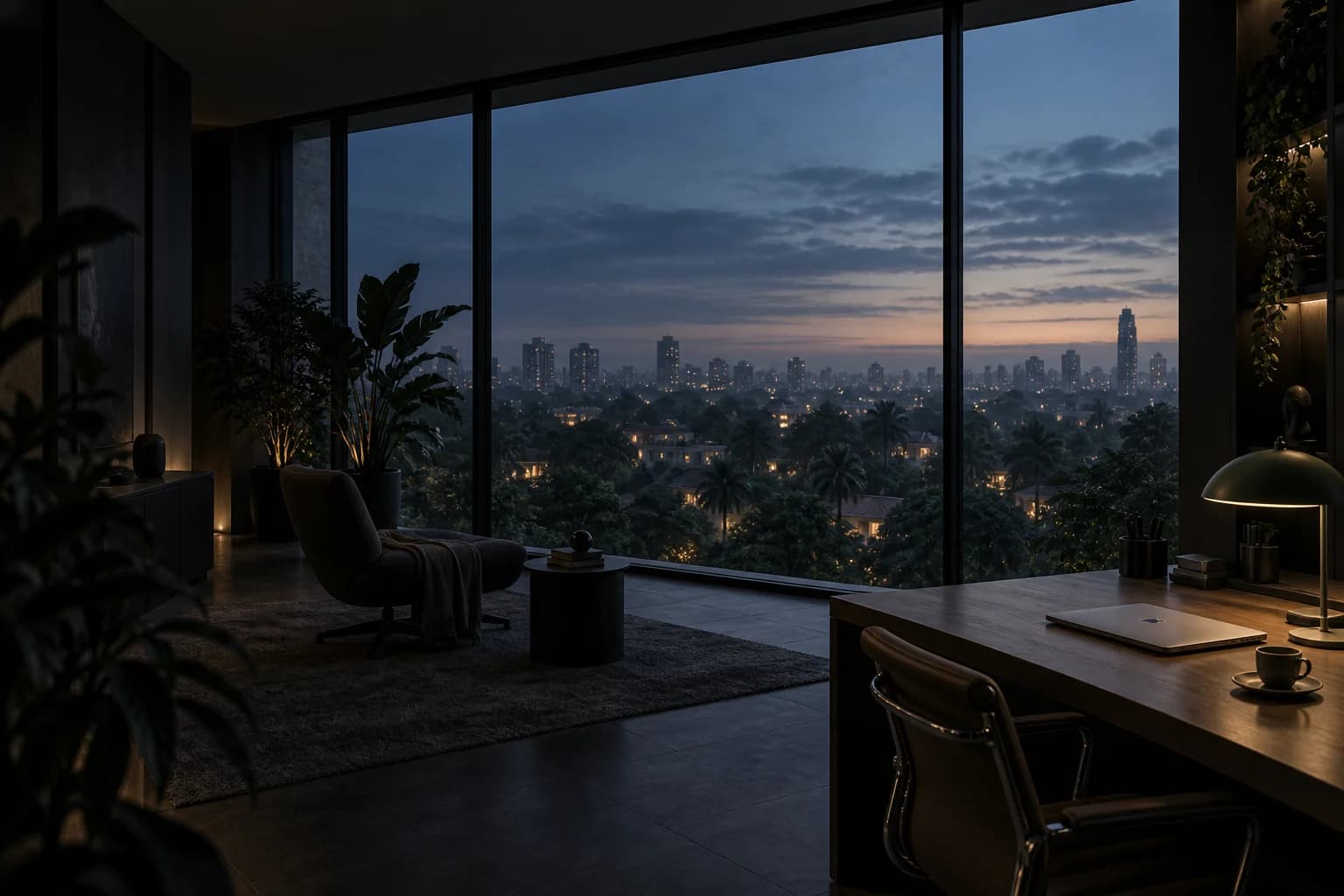 A calm apartment and workspace overlooking a tree-lined city at dawn