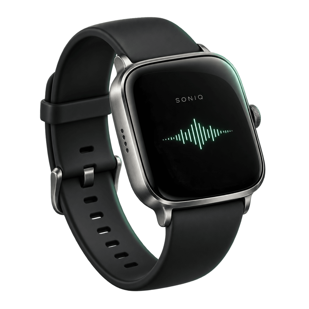 SONIQ.AI watch concept with a silver case, black strap and green voice waveform